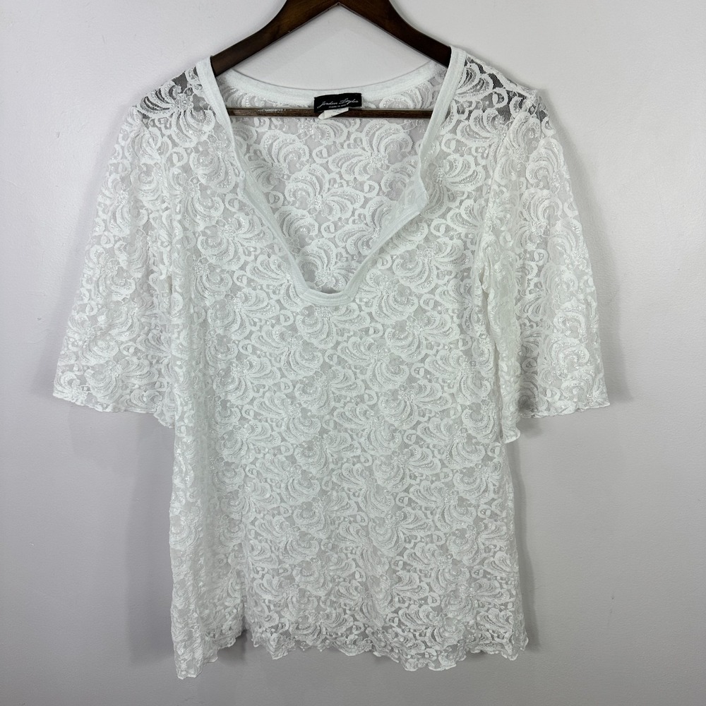 Jordan Taylor Vintage White Lace Top L‎ Sheer Boho Festival Romantic Fairy USA